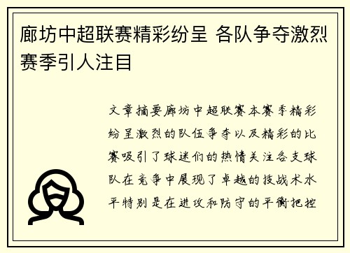 廊坊中超联赛精彩纷呈 各队争夺激烈赛季引人注目