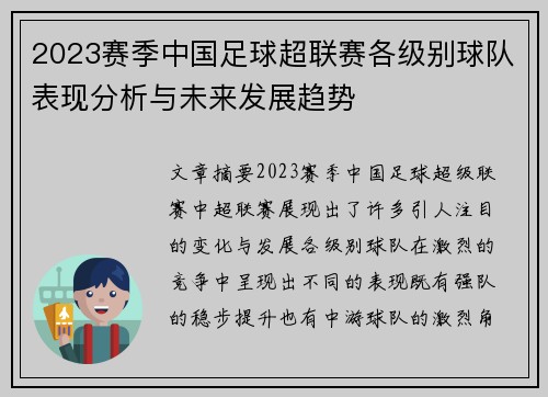 2023赛季中国足球超联赛各级别球队表现分析与未来发展趋势